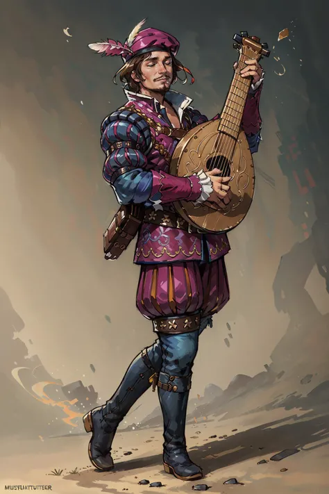 (masterpiece, best quality:1.2), <lora:dandelion-20:0.70>, dandelionW3_soul3142, solo, brown hair, long sleeves, 1boy, hat, standing, closed eyes, boots, belt, pants, facial hair, lute (instrument), music, hat feather