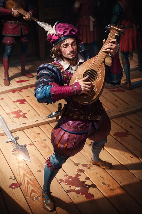 (masterpiece, best quality:1.2),  <lora:dandelion-20:0.70>, dandelionW3_soul3142, brown hair, long sleeves, hat, closed eyes, weapon, lying, multiple boys, indoors, 2boys, blood, facial hair, knife, lute (instrument), beard, wooden floor, mustache, dagger, hat feather, 