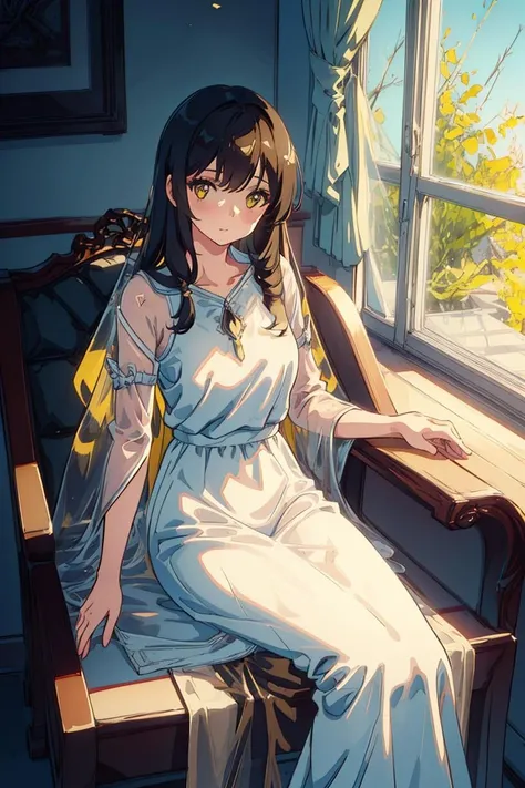 1girl, solo,sitting, looking at viewer,yellow theme,seecolor,long dress,long hair,<lora:seecolor_20230801105237:0.6>, (((masterpiece,best quality))),((good structure,Good composition,good atomy)), ((clear, original,beautiful)),