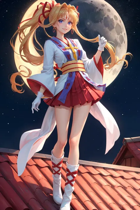 masterpiece, best quality, kaitou jeanne, earrings, ponytail, hair ribbon, cross,  japanese clothes, sash, red skirt, white gloves, white boots, standing, rooftop, city skyline, moon, night, smile, furrowed brow, hands at sides <lora:kaitoujeanne-nvwls-v1-000012:0.9>