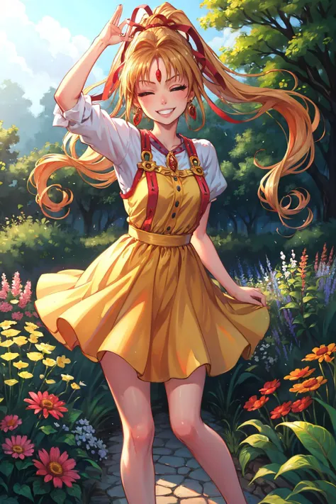 masterpiece, best quality, kaitou jeanne, earrings, ponytail, yellow dress, standing, garden, looking at viewer, one eye closed, smile <lora:kaitoujeanne-nvwls-v1-000012:0.9>