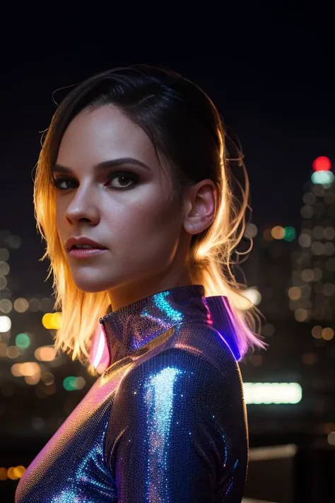 hi14ry5w4nk, wearing holographic cyberpunk clothing, surrounded by neon-lit cityscape reflections, vray render, ray tracing, subsurface scattering, by Josan Gonzalez and Liang Mark (upper body shot), (looking at viewer:1.3), (hyper realistic:1.3), (portrait:1.2), highly detailed eyes, (highly detailed skin:1.3), (freckles:0.6), pores, (4k), back lit, rim light, <lora:Hilary_Swank_PMv1a_Lora:1.3>,
