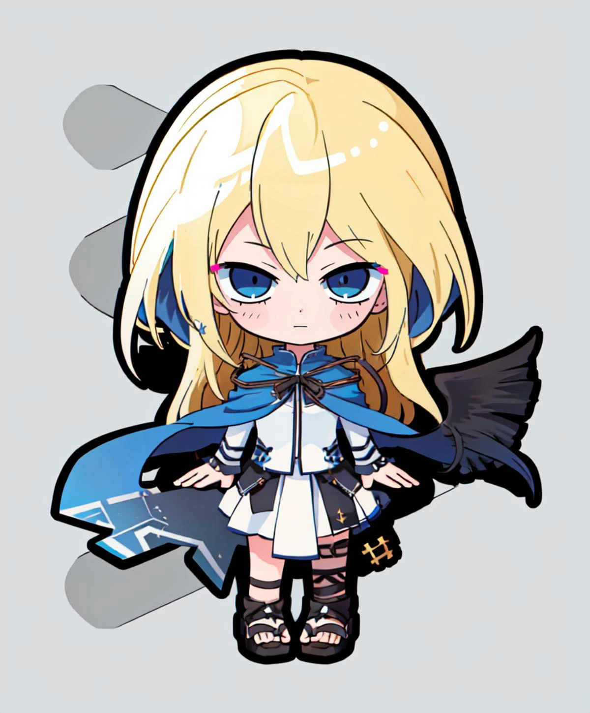 <lora:XenoderA_Sticker_Style:1> chibi, outline, white outline, full body, <lora:RtPL-Malice:1> malice_(riviera), black_wings, blonde_hair, long_hair, blue_cape, white_dress, angel_wings, gloves,, ultra detailed, masterpiece, best quality, aesthetic, detailed,