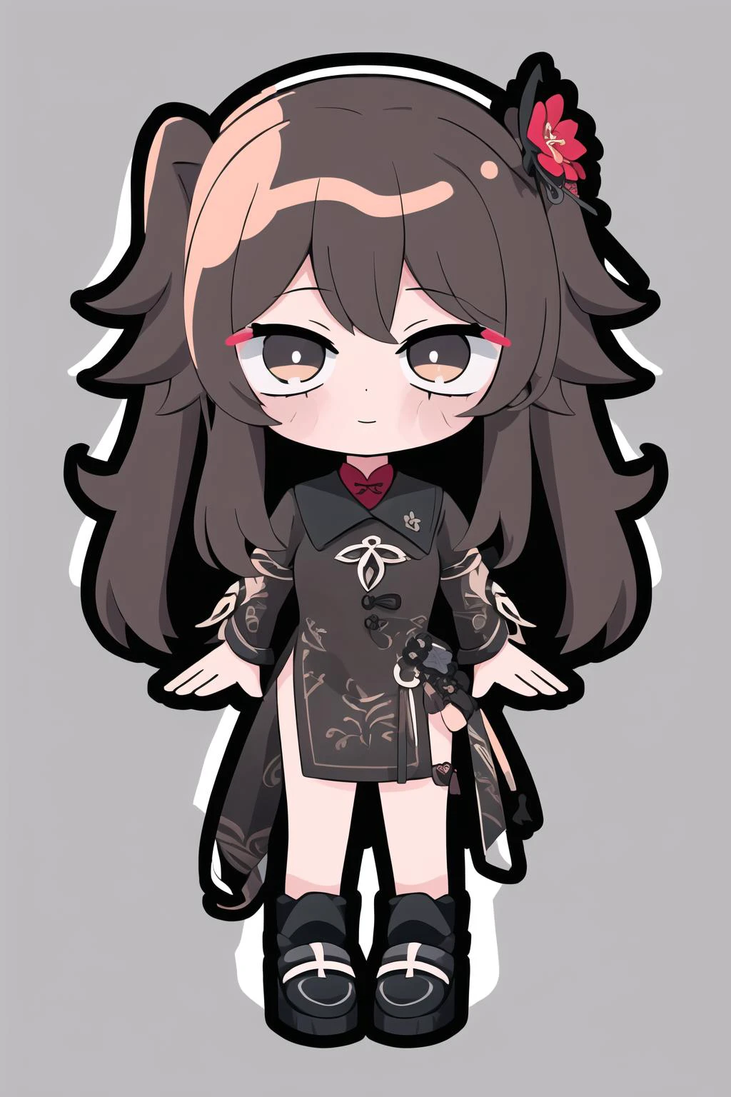 (high quality, high resolution:1.3), 4k, masterpiece, (simple background, grey background:1.2),
BREAK
1girl, solo,(outline, white outline:1.1), full body, standing, <lora:XenoderA_Sticker_Style-13:1>, chibi, (smile:1.1), <lora:HuTao:1> pikkyhutao, 1girl, brown hair, red eyes, twintails, black headwear, flower,<lora:NoiseOffset_v2:1.0><lora:NoiseOffset_v2:1.0>