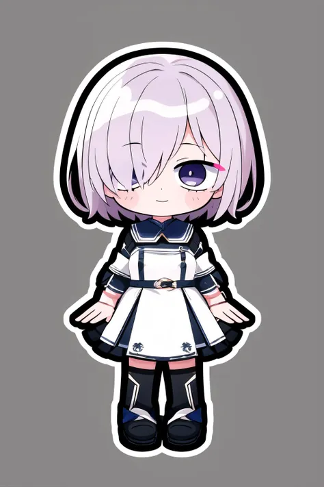 (high quality, high resolution:1.3), 4k, masterpiece, (simple background, grey background:1.2),
BREAK
1girl, solo,(outline, white outline:1.1), full body, standing, <lora:XenoderA_Sticker_Style-15:0.9>, chibi, smile, <lora:mash kyrielight by goofy ai:0.9> ,mash kyrielight, light purple hair,short hair,hair over one eyes, <lora:NoiseOffset_v2:1.0><lora:NoiseOffset_v2:1.0>