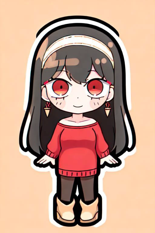 1girl,solo, black hair,long hair,bangs,gold earrings,red eyes, jewelry,white hairband,sweater dress,red sweater,collarbone,bare shoulders,off shoulder,black pantyhose,brown footwear,boots,high heels, chibi, outline, white outline, full body, simple background, grey background, smile,