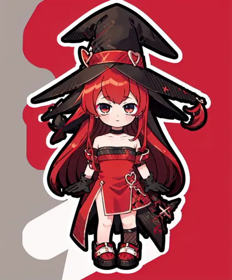 <lora:XenoderA_Sticker_Style:1> chibi, outline, white outline, full body, <lora:RtPL-Cierra:1> cierra_(riviera), red_eyes, long_hair, dress, choker, gloves, witch_hat,, ultra detailed, masterpiece, best quality, aesthetic, detailed,