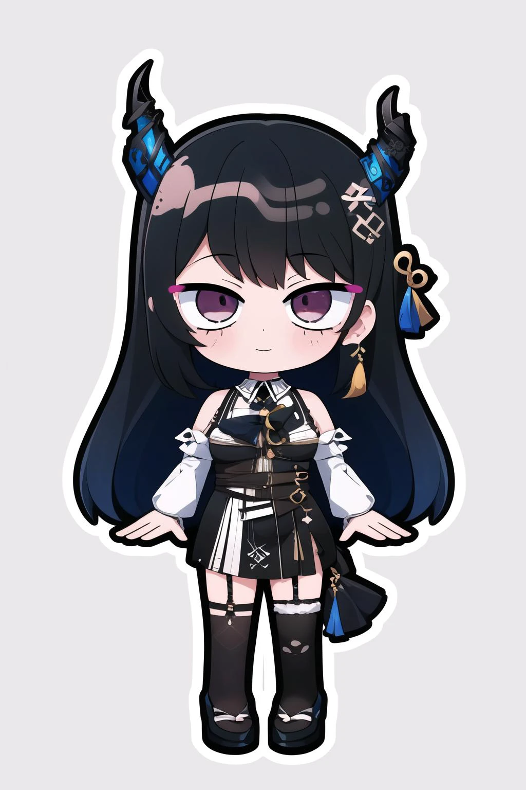 (high quality, high resolution:1.3), 4k, masterpiece, (simple background, grey background:1.2),
BREAK
1girl, solo,(outline, white outline:1.1), full body, standing, <lora:XenoderA_Sticker_Style-13:0.9>, chibi, smile, <lora:NerissaRavencroft:0.9> NerissaRavencroft, horns, hair ornament, pink eyes, collared shirt, black skirt, garter straps, thighhighs, fur trim, detached sleeves, black gloves, <lora:NoiseOffset_v2:1.0><lora:NoiseOffset_v2:1.0>