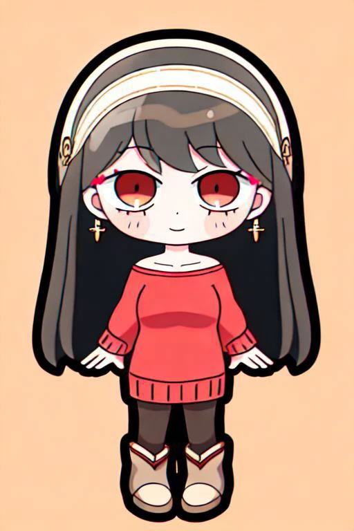 1girl,solo, black hair,long hair,bangs,gold earrings,red eyes, jewelry,white hairband,sweater dress,red sweater,collarbone,bare shoulders,off shoulder,black pantyhose,brown footwear,boots,high heels, chibi, outline, white outline, full body, simple background, grey background, smile,