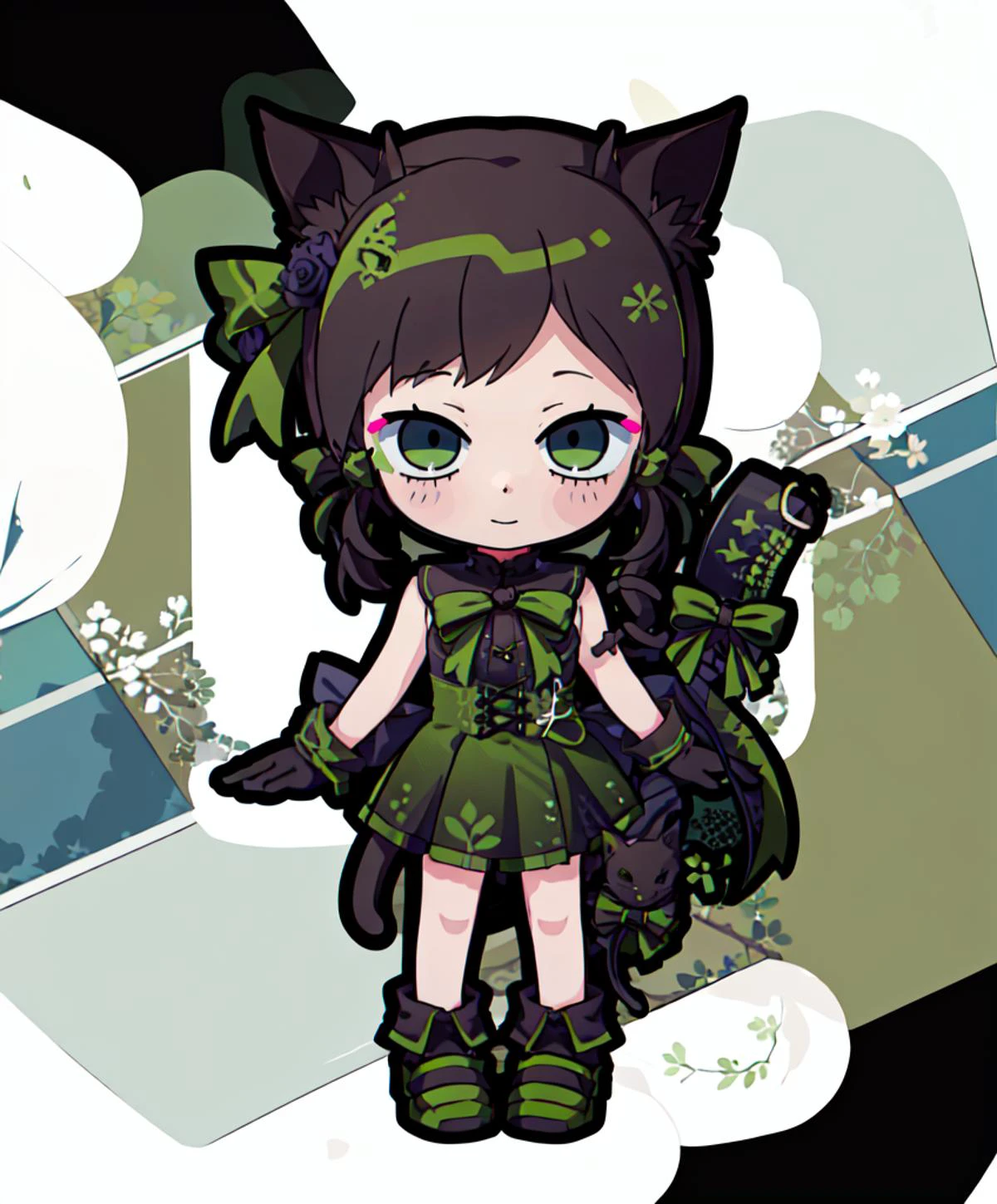 <lora:XenoderA_Sticker_Style:1> chibi, outline, white outline, full body, <lora:RtPL-Rose:1> rose_(riviera), cat_ears, green_eyes, cat_tail, black_hair, green_bow, gloves, green ribbon, black_dress, sleeveless,, ultra detailed, masterpiece, best quality, aesthetic, detailed,