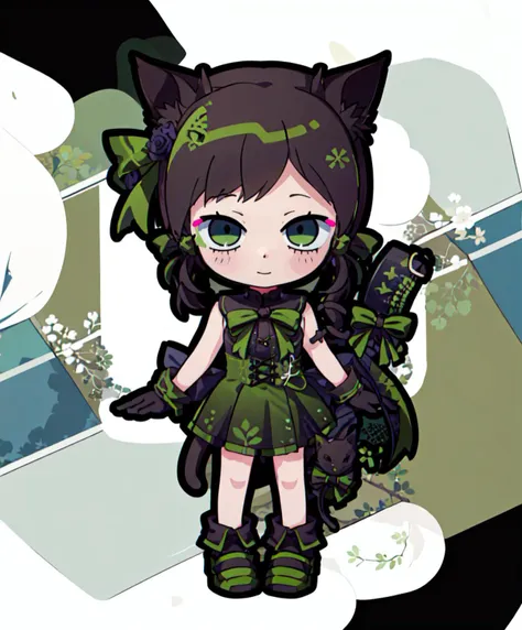 <lora:XenoderA_Sticker_Style:1> chibi, outline, white outline, full body,   <lora:RtPL-Rose:1> rose_(riviera), cat_ears, green_eyes, cat_tail, black_hair, green_bow, gloves, green ribbon, black_dress, sleeveless,, ultra detailed, masterpiece, best quality, aesthetic, detailed,