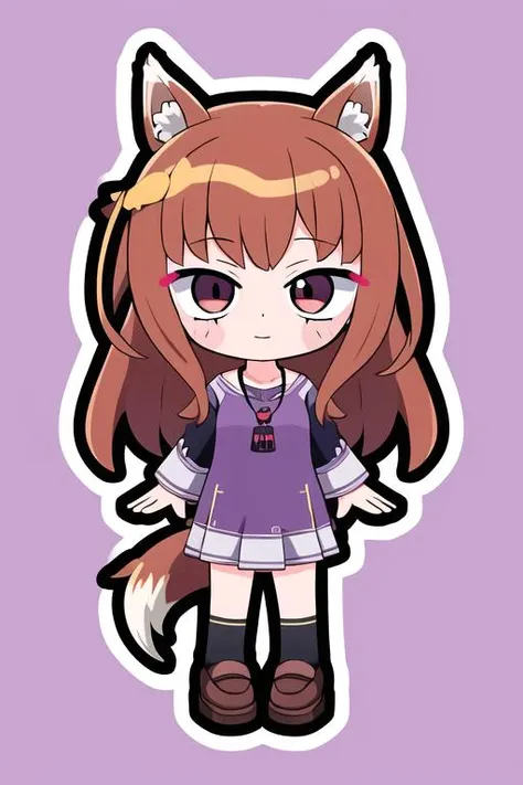 (high quality, high resolution:1.3), 4k, masterpiece, (simple background, purple background:1.2),
BREAK
1girl, solo,(outline, white outline:1.1), full body, standing, <lora:XenoderA_Sticker_Style-13:0.85>, chibi, smile, <lora:holo_v1:0.85> , long hair, brown hair, animal ears, red eyes, wolf tail, necklace, <lora:NoiseOffset_v2:1.0>