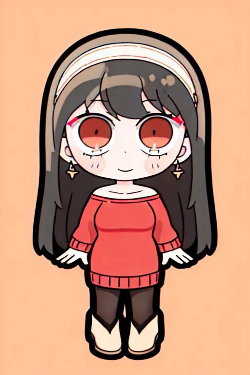 1girl,solo, black hair,long hair,bangs,gold earrings,red eyes, jewelry,white hairband,sweater dress,red sweater,collarbone,bare shoulders,off shoulder,black pantyhose,brown footwear,boots,high heels, chibi, outline, white outline, full body, simple background, grey background, smile,