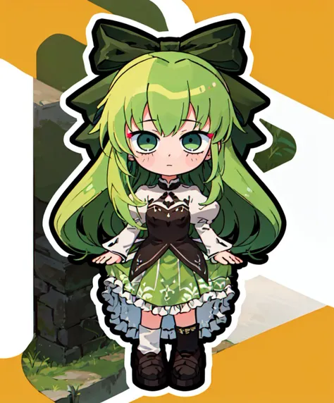 <lora:XenoderA_Sticker_Style:1> chibi, outline, white outline, full body, <lora:RtPL-Fia:1> Fia_(riviera), green eyes, green dress, very long hair, long hair, bow, dress, frills, frilled dress, long sleeves, puffy sleeves,, ultra detailed, masterpiece, best quality, aesthetic, detailed,