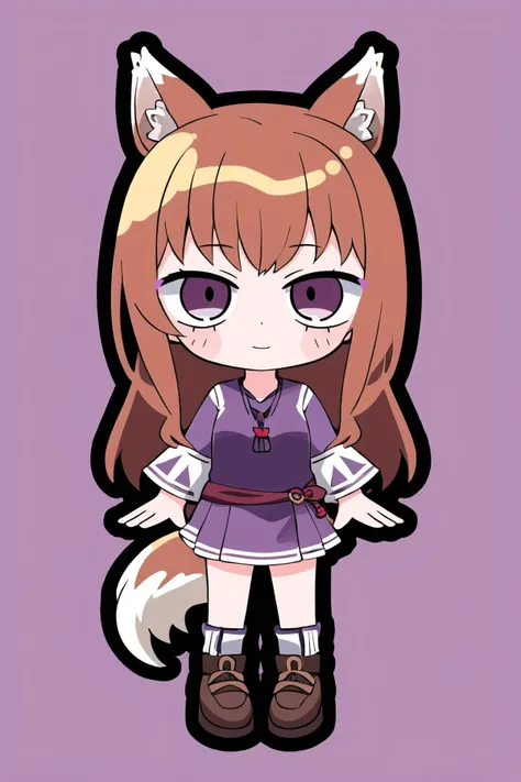 (high quality, high resolution:1.3), 4k, masterpiece, (simple background, purple background:1.2),
BREAK
1girl, solo,(outline, white outline:1.1), full body, standing, <lora:XenoderA_Sticker_Style-13:0.85>, chibi, smile, <lora:holo_v1:0.85> , long hair, brown hair, animal ears, red eyes, wolf tail, necklace, <lora:NoiseOffset_v2:1.0><lora:NoiseOffset_v2:1.0>