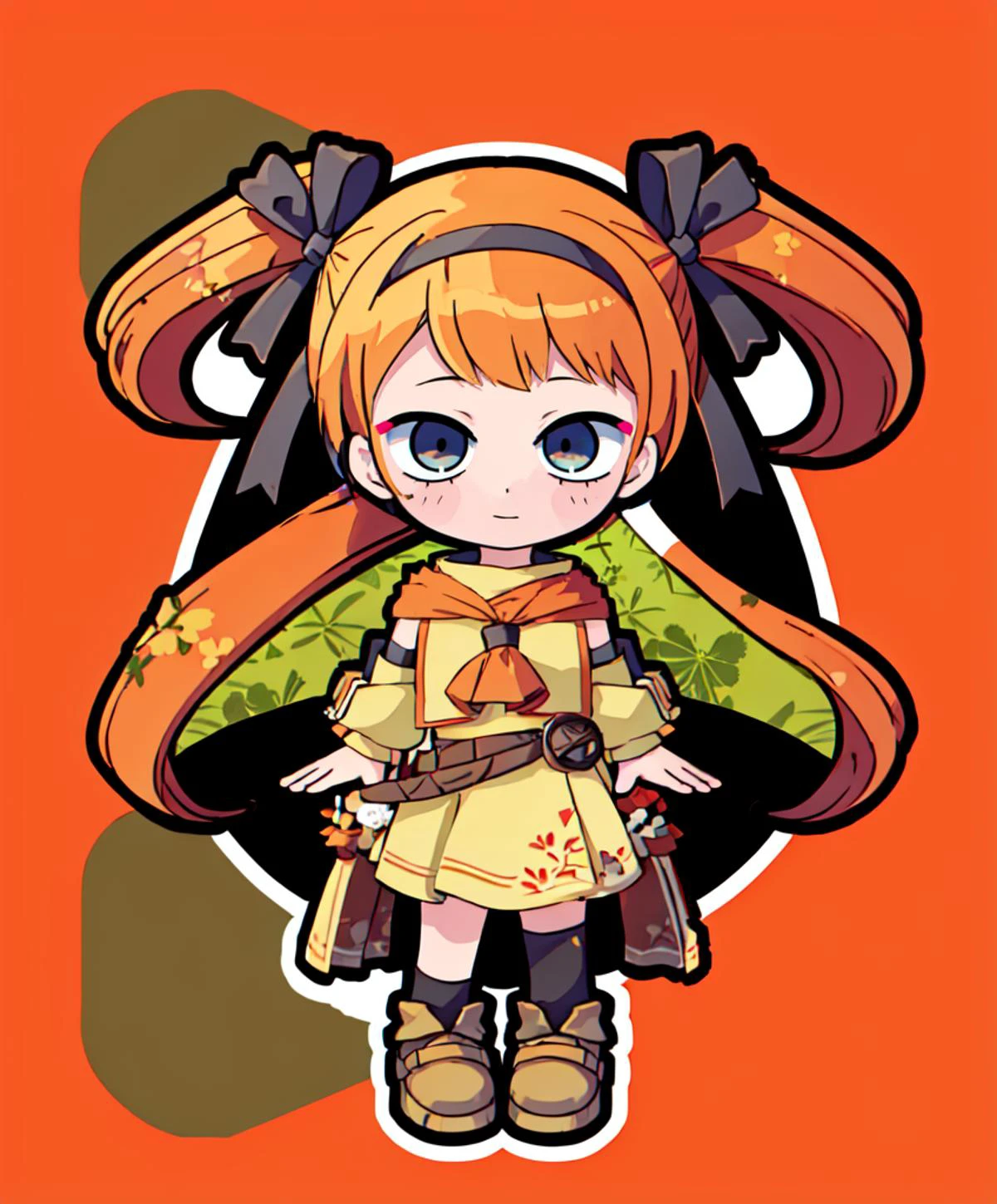 <lora:XenoderA_Sticker_Style:1> chibi, outline, white outline, full body, <lora:RtPL-Lina:1> lyuri_(riviera), headband, orange_hair, long_hair, hair_bow, orange_dress,, ultra detailed, masterpiece, best quality, aesthetic, detailed,