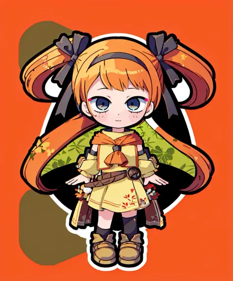 <lora:XenoderA_Sticker_Style:1> chibi, outline, white outline, full body,  <lora:RtPL-Lina:1> lyuri_(riviera), headband, orange_hair, long_hair, hair_bow, orange_dress,, ultra detailed, masterpiece, best quality, aesthetic, detailed,