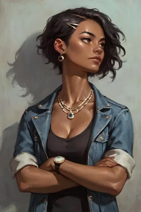 score_9, score_8_up, score_7_up, score_6_up, score_5_up, score_4_up, rating_safe, 1girl, jewelry, solo, dark skin, dark-skinned female, black hair, crossed arms, earrings, hair ornament, necklace, denim jacket, jacket, hairclip, breasts, watch, wristwatch, short hair, lips, upper body, cleavage, denim, very dark skin, piercing, looking to the side, brown eyes, ear piercing, medium breasts <lora:Oil Painting Style XL:0.7>