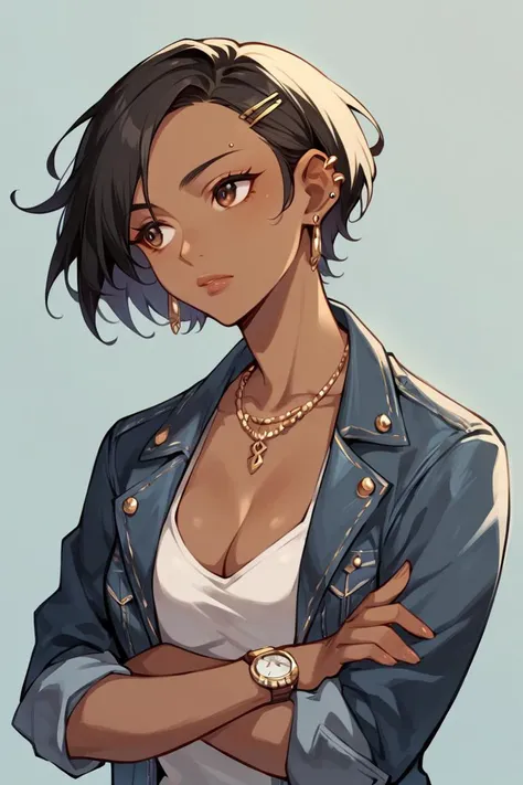 score_9, score_8_up, score_7_up, score_6_up, score_5_up, score_4_up, rating_safe, 1girl, jewelry, solo, dark skin, dark-skinned female, black hair, crossed arms, earrings, hair ornament, necklace, denim jacket, jacket, hairclip, breasts, watch, wristwatch, short hair, lips, upper body, cleavage, denim, very dark skin, piercing, looking to the side, brown eyes, ear piercing, medium breasts <lora:Anime Style LoRA XL:0.7>