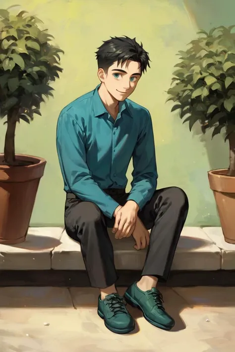score_9, score_8_up, score_7_up, score_6_up, score_5_up, score_4_up, rating_safe, solo, 1boy, plant, shirt, male focus, shoes, black hair, pants, black pants, sitting, green footwear, collared shirt, potted plant, aqua shirt, blue shirt, shadow, long sleeves, looking at viewer, smile, short hair, green background, full body, green theme <lora:Oil Painting Style XL:0.7>