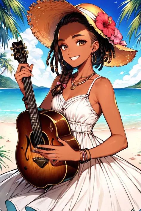 score_9, score_8_up, score_7_up, score_6_up, score_5_up, score_4_up, 1girl, jewelry, beach, dark skin, instrument, solo, hat, outdoors, brown hair, hair ornament, smile, dark-skinned female, flower, brown eyes, dreadlocks, palm tree, necklace, day, earrings, hair flower, dress, tree, lips, guitar, ocean, breasts, straw hat, braid, looking at viewer, sky, playing instrument, curly hair, very dark skin, music, sundress, nose, holding instrument, cloud, small breasts, grin, sleeveless, pink flower, upper body, sun hat, sand, holding, fingernails, blue sky, thick eyebrows, acoustic guitar, white dress, sleeveless dress, teeth, water, hibiscus <lora:Gothic Art Style SDXL_LoRA_Pony Diffusion V6 XL:1>