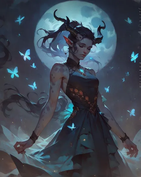 score_9, score_8_up, score_7_up, score_6_up,  woman with grey skin, black horns, 1girl, pointed ears, Tranquil, Peaceful, skin patterns, spots, glowing butterflies, particles, dress, ponytail, closed eyes, standing, blue moon, serenity, dark, night, (flat chest:0.2)<lora:Concept Art Twilight Style SDXL_LoRA_Pony Diffusion V6 XL:1>