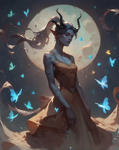 score_9, score_8_up, score_7_up, score_6_up, woman with grey skin, black horns, 1girl, pointed ears, Tranquil, Peaceful, skin patterns, spots, glowing butterflies, particles, dress, ponytail, closed eyes, standing, blue moon, serenity, dark, night, (flat chest:0.2)<lora:Concept Art Twilight Style SDXL_LoRA_Pony Diffusion V6 XL:1>