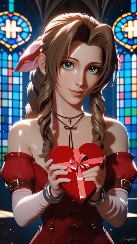 score_9_up,score_8_up,church,final_fantasy_viii,indoors,<lora:Smooth Anime 2 Style SDXL_LoRA_Pony Diffusion V6 XL:1>,amazing composition,incredible lighting,beautiful sunset,detailed background,groin tendon,upper body,shiny skin,detached sleeves,thighhighs,jewelry,aerith_gainsborough,final_fantasy,1girl,brown_hair,green_eyes,valentine,happy valentine,hearts,