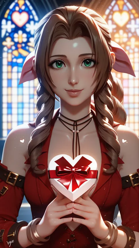 score_9_up,score_8_up,church,final_fantasy_viii,indoors,<lora:Smooth Anime 2 Style SDXL_LoRA_Pony Diffusion V6 XL:1>,amazing composition,incredible lighting,beautiful sunset,detailed background,groin tendon,upper body,shiny skin,detached sleeves,thighhighs,jewelry,aerith_gainsborough,final_fantasy,1girl,brown_hair,green_eyes,valentine,happy valentine,hearts,