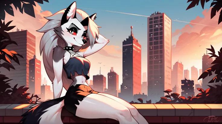 score_9_up,score_8_up,1girl,solo,amazing composition,incredible lighting,smiling,detailed background,<lora:Smooth Anime 2 Style SDXL_LoRA_Pony Diffusion V6 XL:1>,shiny skin,outdoors,loona_(helluva_boss),anthro,city in hell,sleeveless shirt,short shorts,