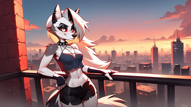 score_9_up,score_8_up,1girl,solo,amazing composition,incredible lighting,smiling,detailed background,<lora:Smooth Anime 2 Style SDXL_LoRA_Pony Diffusion V6 XL:1>,shiny skin,outdoors,loona_(helluva_boss),anthro,city in hell,sleeveless shirt,short shorts,
