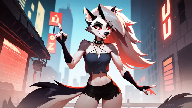 score_9_up,score_8_up,1girl,solo,amazing composition,incredible lighting,smiling,detailed background,<lora:Smooth Anime 2 Style SDXL_LoRA_Pony Diffusion V6 XL:1>,shiny skin,outdoors,loona_(helluva_boss),anthro,city in hell,sleeveless shirt,short shorts,