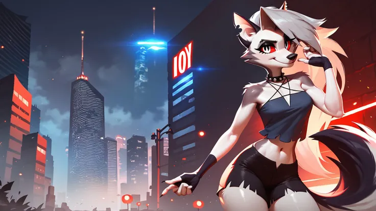 score_9_up,score_8_up,1girl,solo,amazing composition,incredible lighting,smiling,detailed background,<lora:Smooth Anime 2 Style SDXL_LoRA_Pony Diffusion V6 XL:1>,shiny skin,outdoors,loona_(helluva_boss),anthro,city in hell,sleeveless shirt,short shorts,