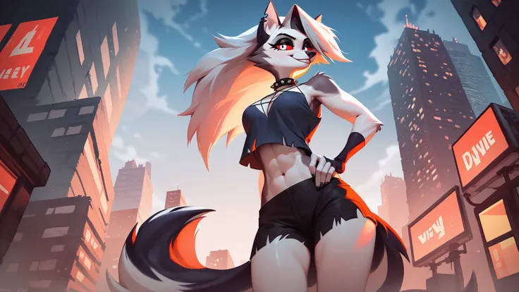 score_9_up,score_8_up,1girl,solo,amazing composition,incredible lighting,smiling,detailed background,<lora:Smooth Anime 2 Style SDXL_LoRA_Pony Diffusion V6 XL:1>,shiny skin,outdoors,loona_(helluva_boss),anthro,city in hell,sleeveless shirt,short shorts,