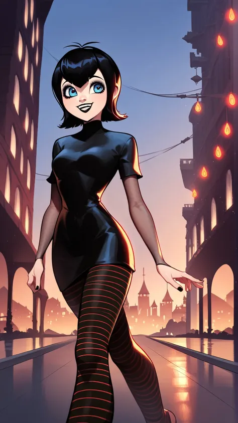 score_9_up,score_8_up,score_6,score_5,score_4,1girl,solo,amazing composition,incredible lighting,smiling,detailed background,<lora:Smooth Anime 2 Style SDXL_LoRA_Pony Diffusion V6 XL:1>,shiny skin,outdoors,city in hell,source_anime,mavis,black lipstick,hotel transylvania,cameltoe,covered nipples,