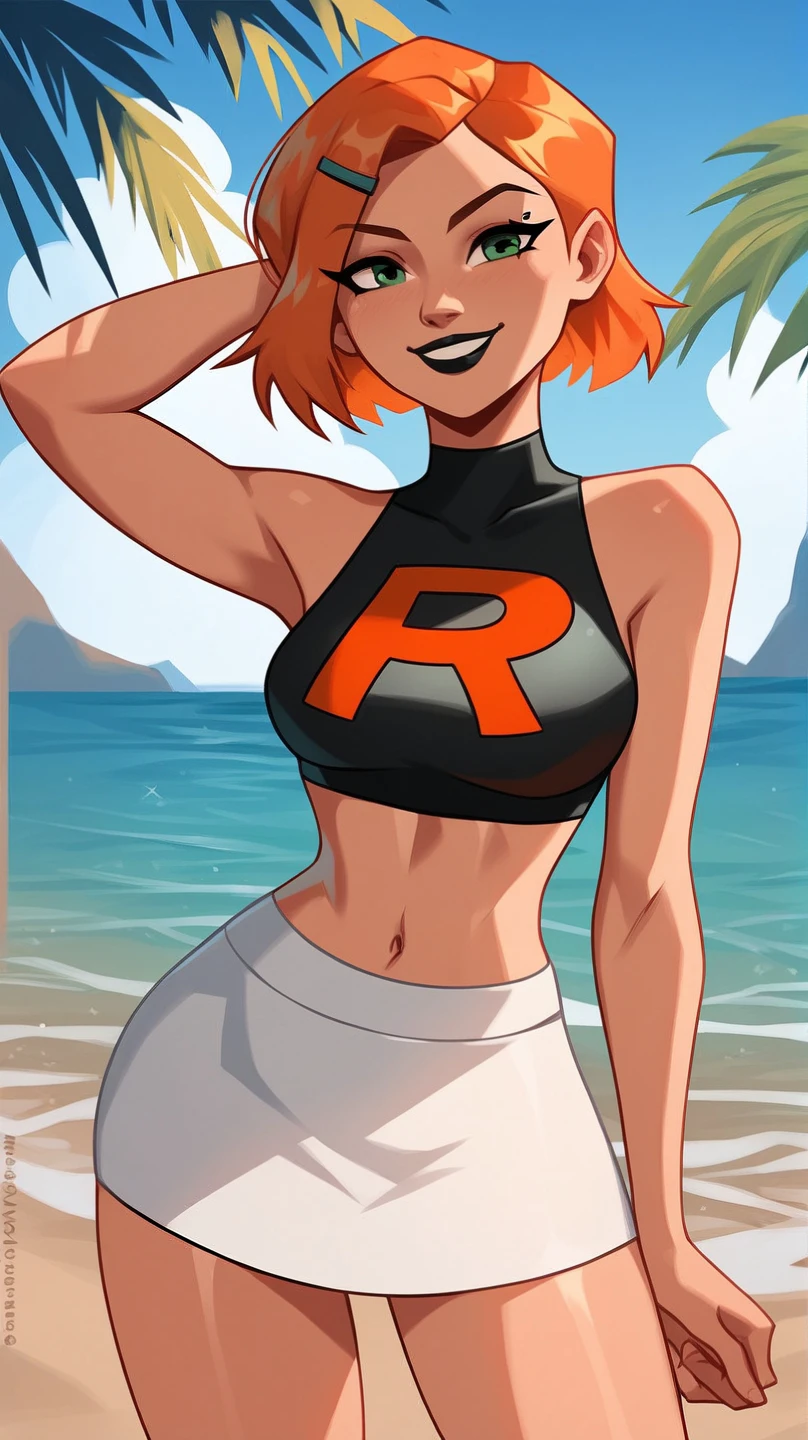 score_9_up,score_8_up,score_6,score_5,score_4,1girl,source_cartoon,gwen_tennyson,ben_10,green_eyes,orange_hair,amazing composition,incredible lighting,smiling,detailed background,<lora:Smooth Anime 2 Style SDXL_LoRA_Pony Diffusion V6 XL:1>,shiny skin,outdoors,beach,ocean,palm tree,black lipstick,team rocket uniform,white skirt,white sleeveless shirt,midriff,