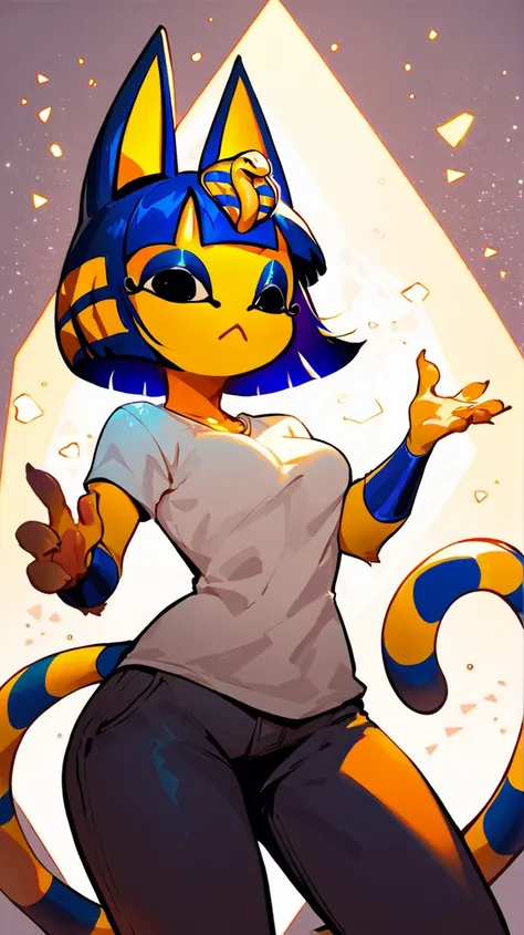 Ankha from animal crossing, anthro, beautiful girl, full body, attractive body, slim beautiful body, attractive beautiful face, small chest, ultra hd, hdr, intricate detail, masterpiece, 8k, nsfw, in the style of slugbox, pastel colors , glowing colors, classic outfi, tits out, chibi, short, flat chest. Tiny boobs,