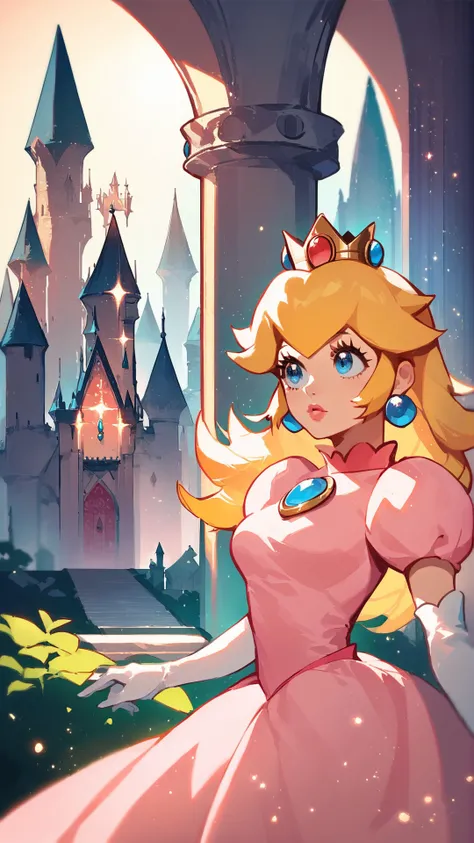 score_9,score_8_up,score_7_up,source_cartoon,source_anime,1girl,intricate,outdoors,castle,highly detailed,soft lighting,soft particles,glowing,medium breasts,curvy,<lora:Anime Style 2 SDXL_LoRA_Pony Diffusion V6 XL:0.8>,princess peach,pink dress,upper body,shiny dress,