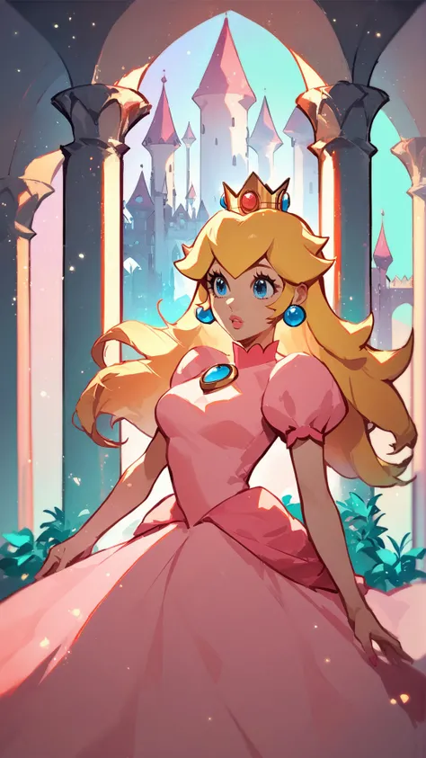 score_9,score_8_up,score_7_up,source_cartoon,source_anime,1girl,intricate,outdoors,castle,highly detailed,soft lighting,soft particles,glowing,medium breasts,curvy,<lora:Anime Style 2 SDXL_LoRA_Pony Diffusion V6 XL:0.8>,princess peach,pink dress,upper body,shiny dress,