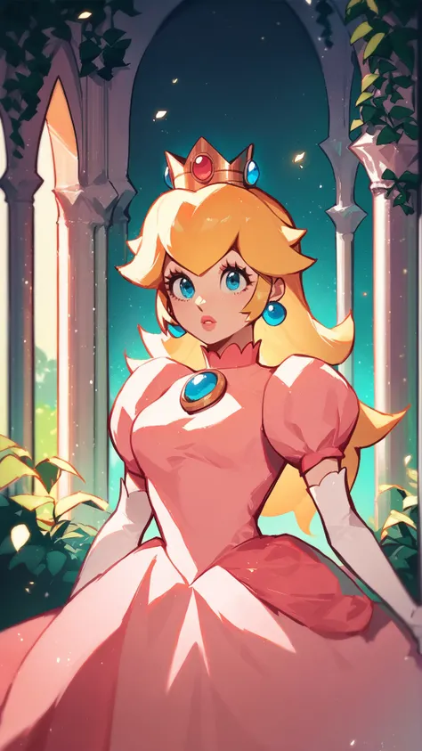 score_9,score_8_up,score_7_up,source_cartoon,source_anime,1girl,intricate,outdoors,castle,highly detailed,soft lighting,soft particles,glowing,medium breasts,curvy,<lora:Anime Style 2 SDXL_LoRA_Pony Diffusion V6 XL:0.8>,princess peach,pink dress,upper body,shiny dress,