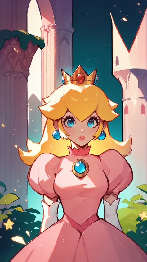 score_9,score_8_up,score_7_up,source_cartoon,source_anime,1girl,intricate,outdoors,castle,highly detailed,soft lighting,soft particles,glowing,medium breasts,curvy,<lora:Anime Style 2 SDXL_LoRA_Pony Diffusion V6 XL:0.8>,princess peach,pink dress,upper body,