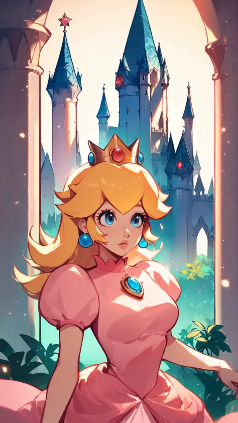 score_9,score_8_up,score_7_up,source_cartoon,source_anime,1girl,intricate,outdoors,castle,highly detailed,soft lighting,soft particles,glowing,medium breasts,curvy,<lora:Anime Style 2 SDXL_LoRA_Pony Diffusion V6 XL:0.8>,princess peach,pink dress,upper body,shiny dress,