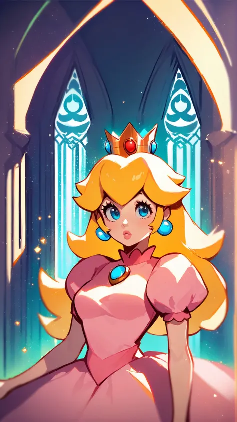 score_9,score_8_up,score_7_up,source_cartoon,source_anime,1girl,intricate,outdoors,castle,highly detailed,soft lighting,soft particles,glowing,medium breasts,curvy,<lora:Anime Style 2 SDXL_LoRA_Pony Diffusion V6 XL:0.8>,princess peach,pink dress,upper body,shiny dress,