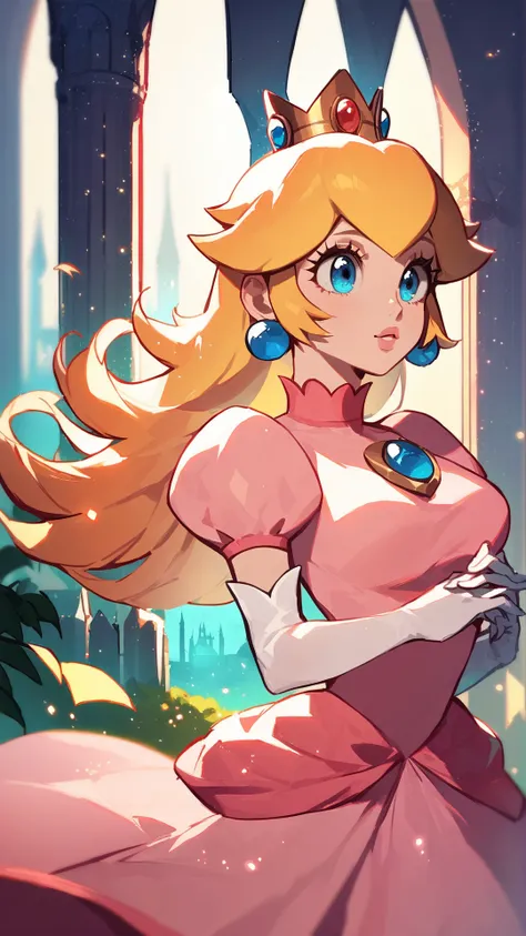 score_9,score_8_up,score_7_up,source_cartoon,source_anime,1girl,intricate,outdoors,castle,highly detailed,soft lighting,soft particles,glowing,medium breasts,curvy,<lora:Anime Style 2 SDXL_LoRA_Pony Diffusion V6 XL:0.8>,princess peach,pink dress,upper body,shiny dress,