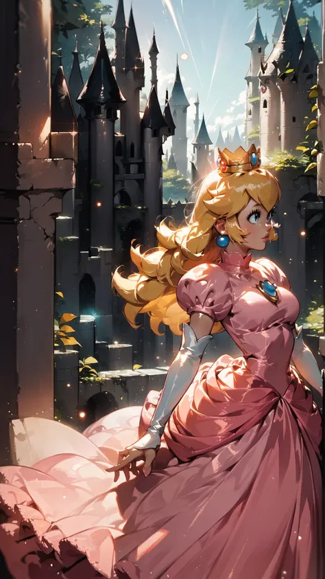 score_9,score_8_up,score_7_up,source_cartoon,source_anime,1girl,intricate,outdoors,castle,highly detailed,soft lighting,soft particles,glowing,medium breasts,curvy,<lora:Anime Summer Days Style SDXL_LoRA_Pony Diffusion V6 XL:1>,princess peach,pink dress,upper body,shiny dress,