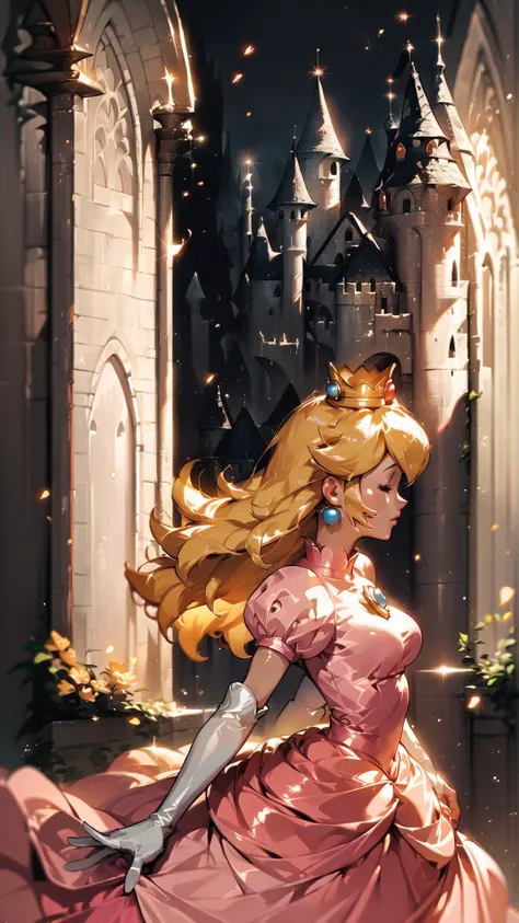 score_9,score_8_up,score_7_up,source_cartoon,source_anime,1girl,intricate,outdoors,castle,highly detailed,soft lighting,soft particles,glowing,medium breasts,curvy,<lora:Anime Summer Days Style SDXL_LoRA_Pony Diffusion V6 XL:1>,princess peach,pink dress,upper body,shiny dress,