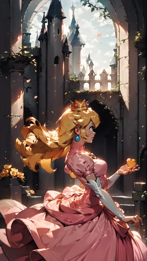 score_9,score_8_up,score_7_up,source_cartoon,source_anime,1girl,intricate,outdoors,castle,highly detailed,soft lighting,soft particles,glowing,medium breasts,curvy,<lora:Anime Summer Days Style SDXL_LoRA_Pony Diffusion V6 XL:1>,princess peach,pink dress,upper body,shiny dress,