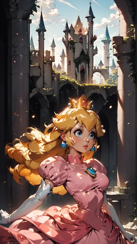 score_9,score_8_up,score_7_up,source_cartoon,source_anime,1girl,intricate,outdoors,castle,highly detailed,soft lighting,soft particles,glowing,medium breasts,curvy,<lora:Anime Summer Days Style SDXL_LoRA_Pony Diffusion V6 XL:1>,princess peach,pink dress,upper body,shiny dress,