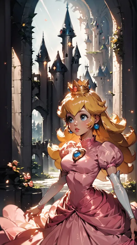 score_9,score_8_up,score_7_up,source_cartoon,source_anime,1girl,intricate,outdoors,castle,highly detailed,soft lighting,soft particles,glowing,medium breasts,curvy,<lora:Anime Summer Days Style SDXL_LoRA_Pony Diffusion V6 XL:1>,princess peach,pink dress,upper body,shiny dress,