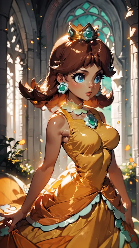 score_9,score_8_up,score_7_up,source_cartoon,source_anime,1girl,intricate,outdoors,castle,highly detailed,soft lighting,soft particles,glowing,medium breasts,curvy,<lora:Anime Summer Days Style SDXL_LoRA_Pony Diffusion V6 XL:1>,princess daisy,yellow dress,upper body,shiny dress,